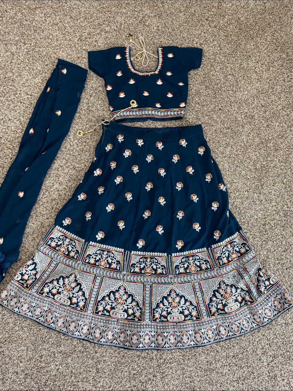 Navy dark teal Floral Embroidered girls lehenga choli set 3 pieces